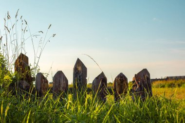 Çayırda eski tarz ahşap çitler. Yaz dönemi. Boşluğu kopyala.