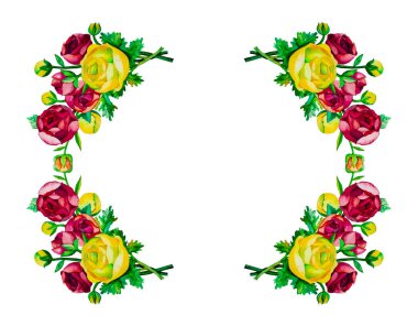 Çiçek çerçevesi. Beyaz arka planda, ranunculus çiçeklerinin elle çizilmiş suluboya kolajı. Uzayı kopyala Metin Kutulu Kart.