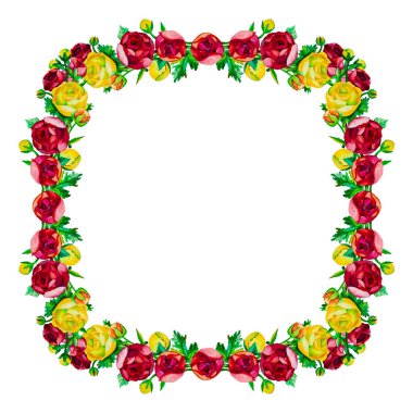 Çiçek çerçevesi. Beyaz arka planda, ranunculus çiçeklerinin elle çizilmiş suluboya kolajı. Uzayı kopyala Metin Kutulu Kart.