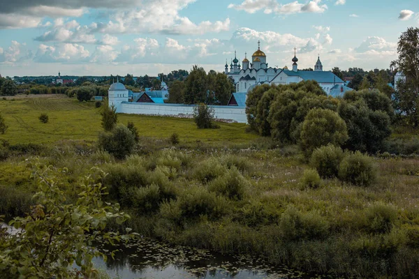 Церква Заміськими Будинками Березі Річки Сонячний Літній День — стокове фото