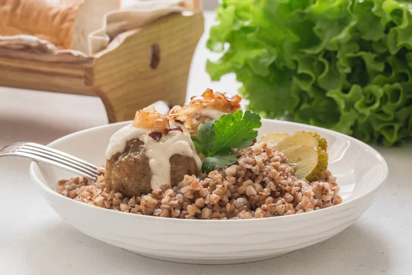 Buckwheat Porridge Chicken Meatballs Fried Onions Sour Cream Close — Stock Photo, Image