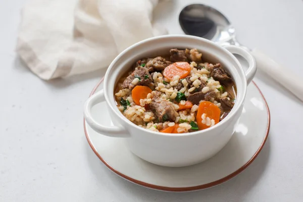 Homemade beef and barley soup. White background. Copy space. — Stock Image Homemade Beef Barley Soup White Background Copy Space Stock Photo