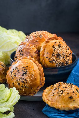 Samosa - lezzetli dolgulu fırında hamur işi: et, soğan ve Napa lahanası. Ev yapımı, yuvarlak, susamlı. Kapat..