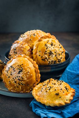 Samosa - lezzetli dolgulu fırında hamur işi: et, soğan ve Napa lahanası. Ev yapımı, yuvarlak, susamlı. Kapatın. Dikey resim.