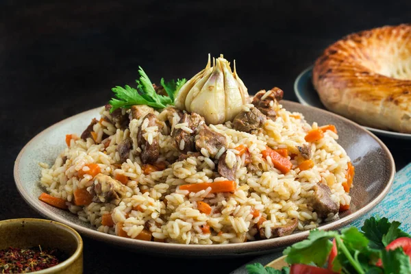 Uzbekistan National Dish Plov Made Uzbek Devzira Rice Lamb Onion — Stock Photo, Image