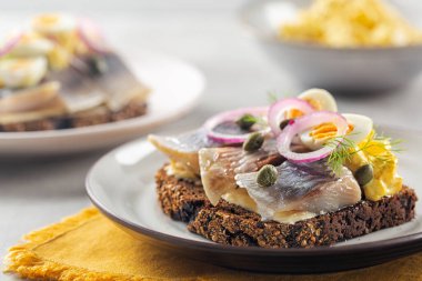 Smorrebrod - tereyağı, ringa balığı, körili elma, mayonez, haşlanmış yumurta, kapari ve kırmızı soğanlı İskandinav Samdwich 'i.