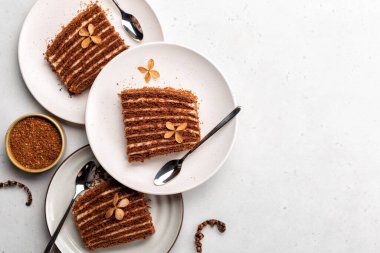 Çoklu katmanlı ve kremalı çikolatalı ballı pasta. Üst Manzara. Seçici odaklanma. Boşluğu kopyala, arkaplanı aydınlat.