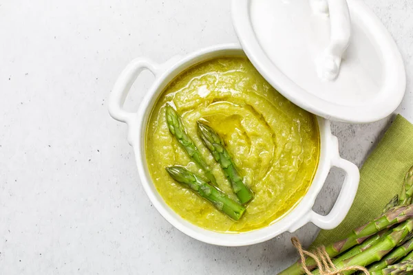 Vista Superiore Crema Minestra Asparagi Preparato Con Asparagi Patate Cipolla — Foto Stock