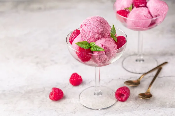 Raspberry Ice Cream Fresh Raspberries Glass Bowl Stone Surface Two — Stock Photo, Image