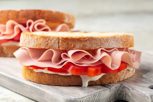 Mortadella Sandwich Toasted Bread Soft Cheese Tomatoes Sliced Mortadella — Fotografia de Stock