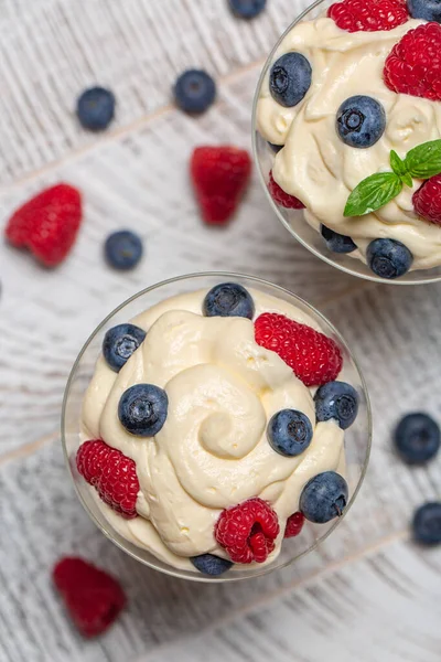 Top View Mascarpone Whipped Cream Berries Italian Dessert Vertical Image — Stock Photo, Image
