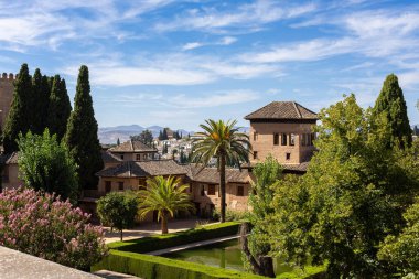 Granada, İspanya 19 Ağustos 2025. Alhambra 'nın güzel manzarası, Partal Palace ve su havuzlu bahçe, Granada, İspanya' da bir tesis, yaz günü. Endülüs.