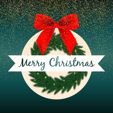 Noel ağacı şeklinde, çelenkli, köknar dallı, yay ve altın parıltılı bir Noel kartı. İyi tatiller.