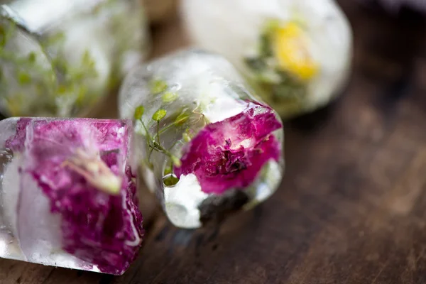 Frosne Blomster i Ice Cubes på Rustic Wooden Baggrund - Stock-foto