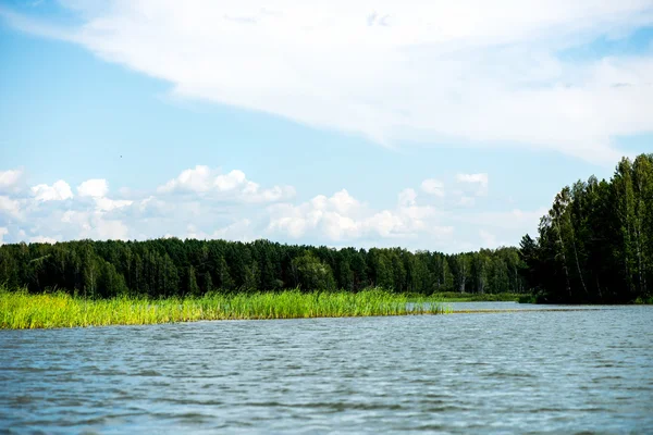 Ciel bleu et nuages blancs, forêt verte et eaux bleues de la rivière — Photo