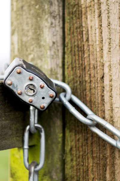 Cerradura en una cadena en la puerta de madera vieja —  Fotos de Stock
