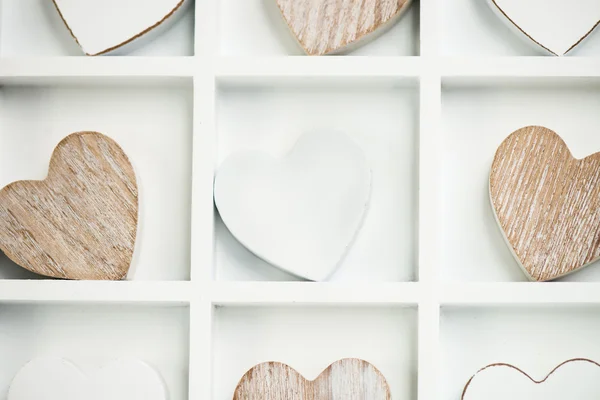 Wooden White and Grey Hearts in the Wooden White Tray — Stock Photo, Image