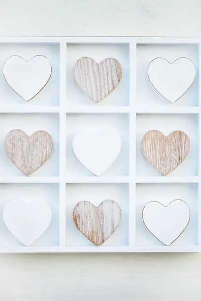 Wooden White and Grey Hearts in the Wooden White Tray — Stock Photo, Image