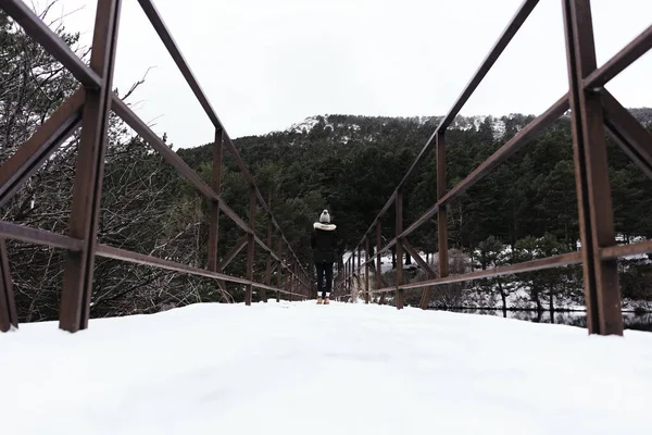 Lagerfoto Taget Kvinna Som Går Bro Över Sjö Snöig Dag — Stockfoto