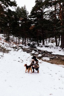 Bir gün karlı doğada köpeğini nehir kenarında okşayan kadının stok fotoğrafı.