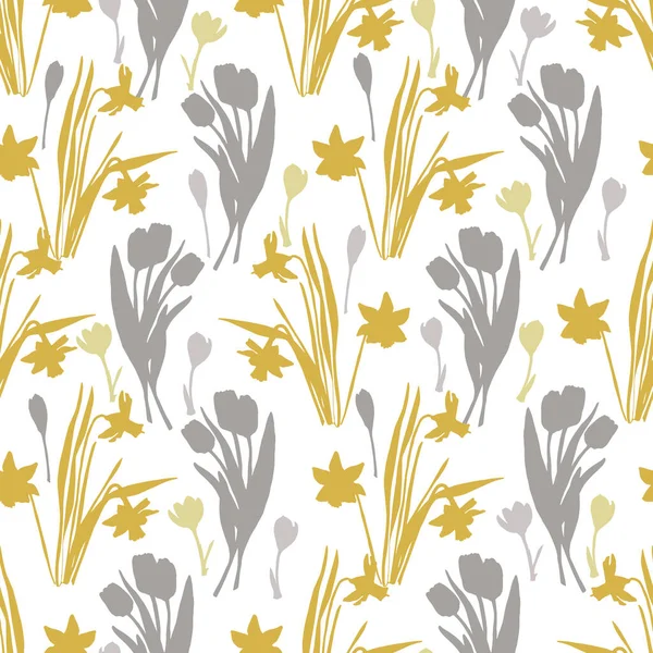 Vector yellow and grey spring flower silhouettes repeat pattern background Royalty Free Stock Vectors