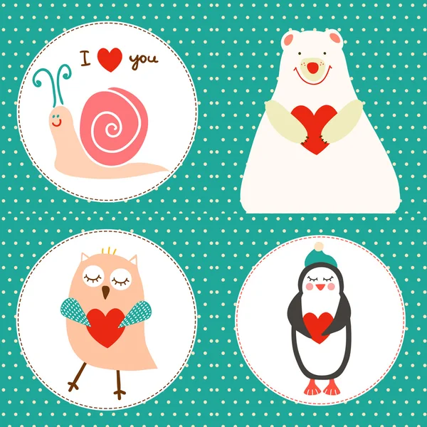 Set of 4 vintage cartoon cute illustrations — Stock Vector