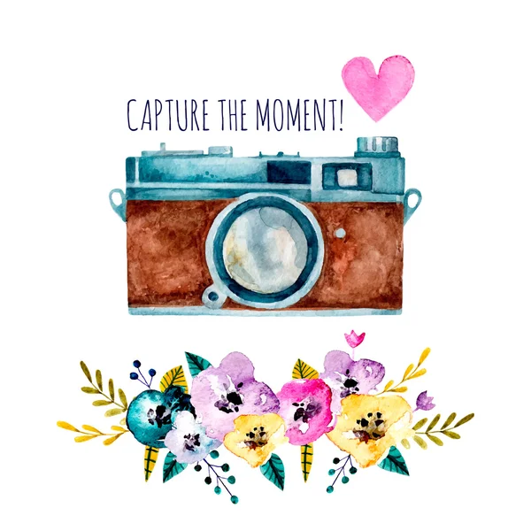 Capture the moment! Vintage watercolor camera — Stock Vector
