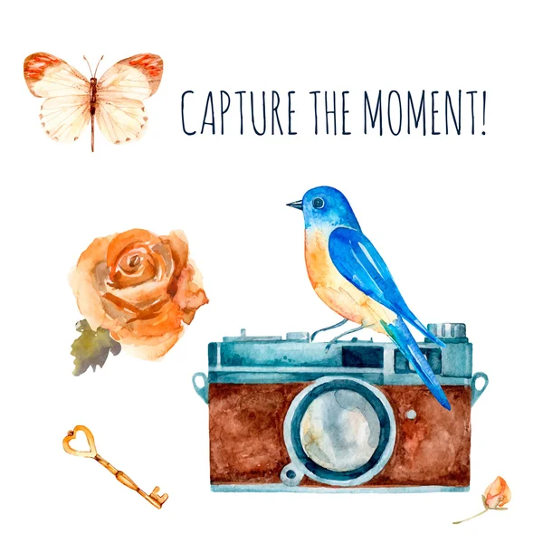 Den Moment einfangen! Vintage-Aquarellkamera mit Vogel — Stockvektor
