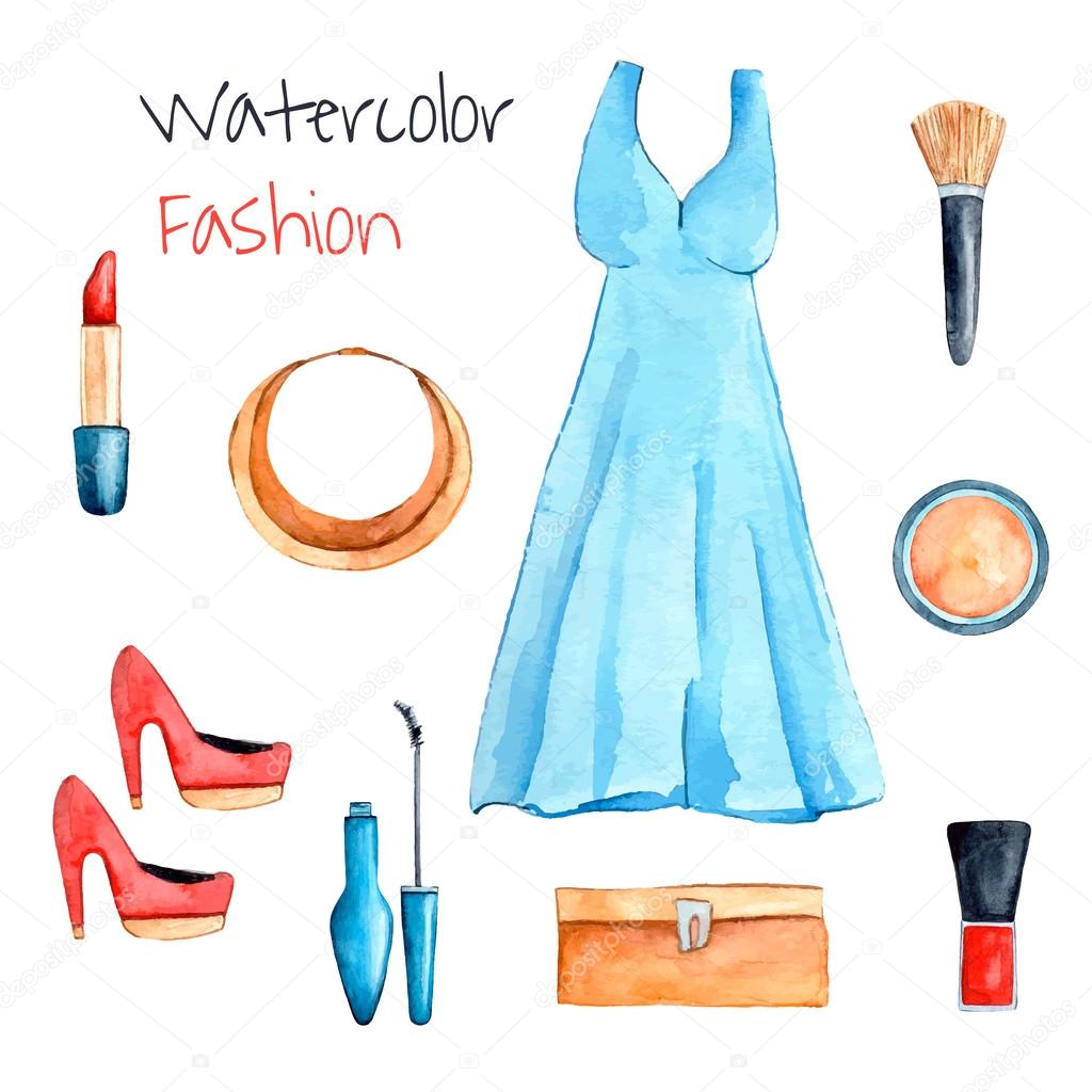 Fashion set. Hand drawn watercolor clothes