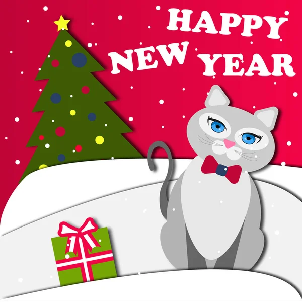 Christmas illustration with a cat and a Christmas tree in the style of paper cut out. Snowdrifts, gift, Christmas tree, gray cat with a bow. Happy new year, merry christmas. 2021.