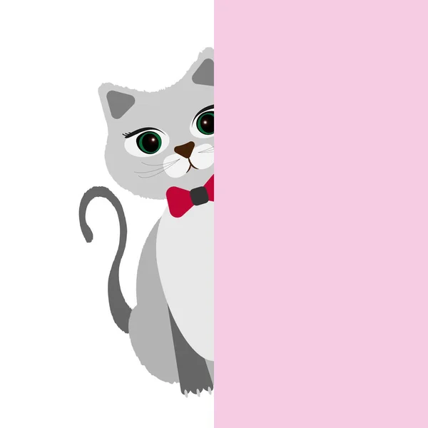 Grijze Kat Gluurt Van Achter Muur Vector Illustratie Schattig Vriendelijk — Stockvector