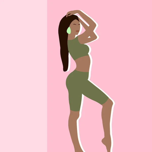 Fille Bronzée Peau Foncée Costume Vert Sous Vêtements Silhouette Une — Image vectorielle