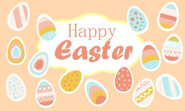 Mutlu Paskalya bayrağı, imzala. Paskalya yumurtaları ve mutlu paskalya yazıları. Çizgili renkli parlak yumurtalar, pembe arka planda pembe mavi sarı yıldızlar. Vektör illüstrasyonu.