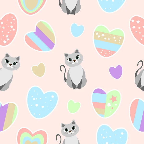 Pattern Hearts Cats Soft Pink Background Blue Pink Green Striped — Stock Vector