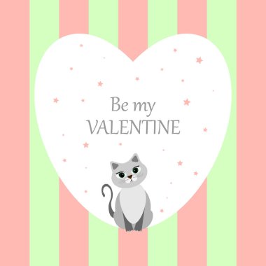 Çizgili arka planda kedisi olan beyaz bir kalp. Gri sevimli kedi. Pembe ve yeşil çizgiler. Sevgilim ol. Sevgililer Günün kutlu olsun. Vektör illüstrasyonu.