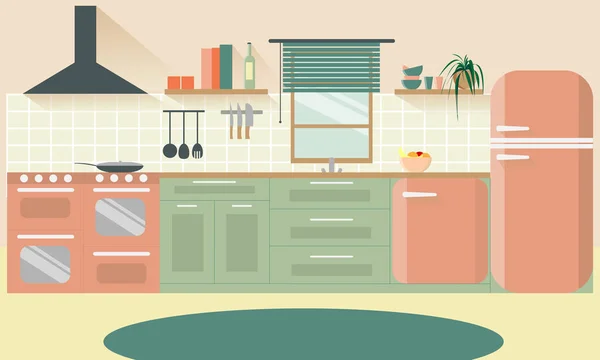 Retro Kitchen Interior Background Kitchen Set Appliances Retro Style Pink — Stock Vector