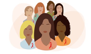 Göğüslerinde kırmızı kurdeleler olan kadınlar. Kadınlar birlikte. HIV enfeksiyonlu insanlara destek toplumu. Dünya AIDS Günü. Vektör illüstrasyonu.