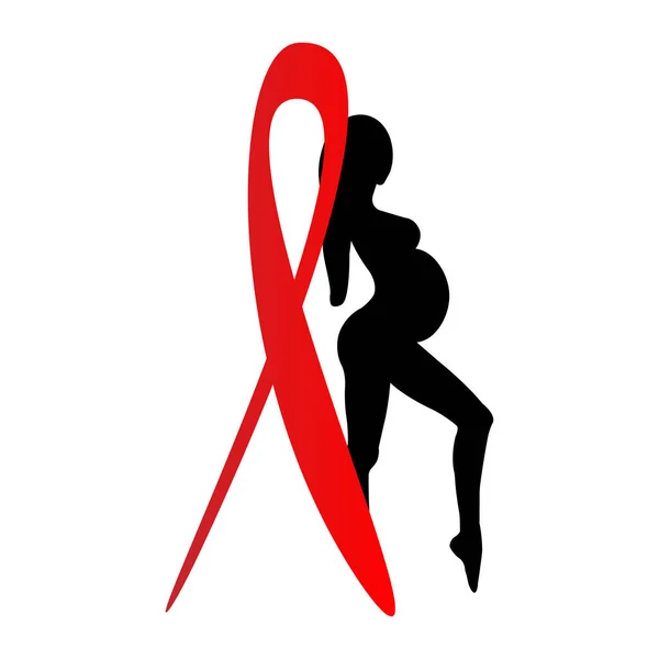 Black Silhouette Pregnant Woman Red Ribbon World Aids Day Hiv — Stock Vector