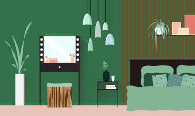 Yatak odası, çift kişilik yatak odası ve tuvalet masası. Odasında tahta çıtalarla yeşil bir duvar var. Vektör düz resimleme.