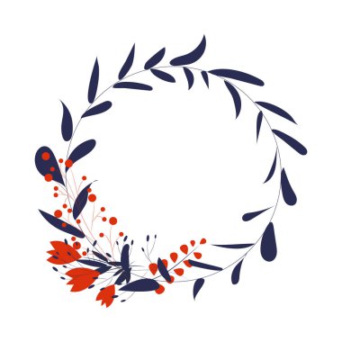 Romantik çiçek çelengi çerçevesi davetiye, kart, poster tasarımı için bir elementtir. Botanik çiçekli şirin vektör tasarımı. Kırmızı dallı ve çiçekli mavi botanik çerçeve