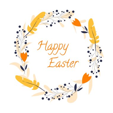 Tüylü bahar çelengi ve yazılı çiçekler yumuşak renklerde mutlu Paskalya tabelası. Davetiyeler, kartpostallar, posterler için vektör içinde Botanik çiçek tasarımı ögesi.