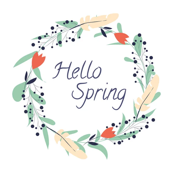 Niedlicher Frühlingskranz Mit Federn Und Blumen Mit Der Aufschrift Hallo lizenzfreie Stockillustrationen