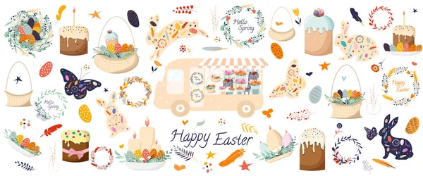 Frohe Ostern Ein Großes Frühlings Osterset Mit Niedlichen Artikeln Kuchen Stockillustration