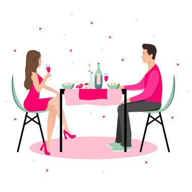 Kadın ve erkek karşılıklı masada oturur, yemek yer, içerler. Romantik yemek, akşam yemeği, akşam yemeği. Birbirine aşık bir çift. Bir kadın elinde bir bardak şarap tutup gülüyor. Pembe tonlarda vektör illüstrasyonu