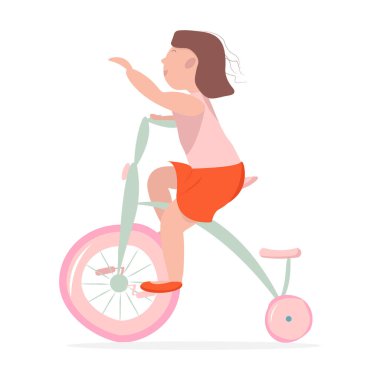 Kız el kaldırarak üç tekerlekli bisiklete biniyor. Vektör illüstrasyonu
