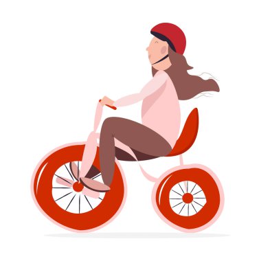 Uzun saçlı, kask takan bir kız kırmızı bisiklete biniyor. Vektör illüstrasyonu