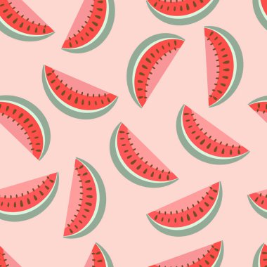 Karpuzlu kusursuz desen. Vektör çizimi. Pembe arka planda karpuz parçaları. Tekstil ve baskı için.