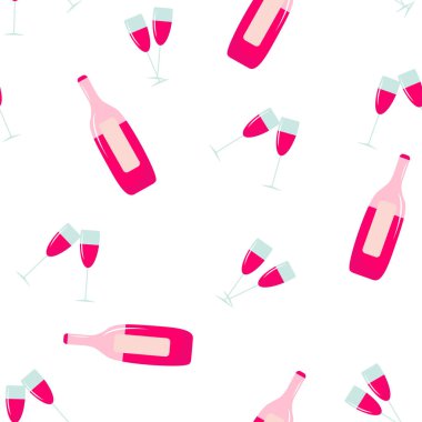 Kusursuz desenli bir şişe ve beyaz arka planda pembe şarap bardakları. Mutfak tekstil ürünleri, ambalaj, kartpostallar, tasarımlar için. Sevgililer Günü elementi. Vektör