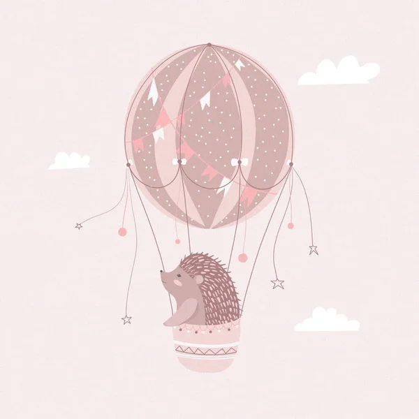 Igel Fliegt Einem Heißluftballon Netter Tiercharakter Plakat Für Das Kinderzimmer — Stockfoto