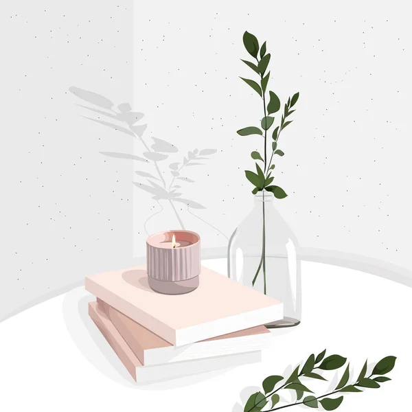 Still Life Books Candles Vase Plant Romantic Vector Illustration Aesthetics — Stock Vector